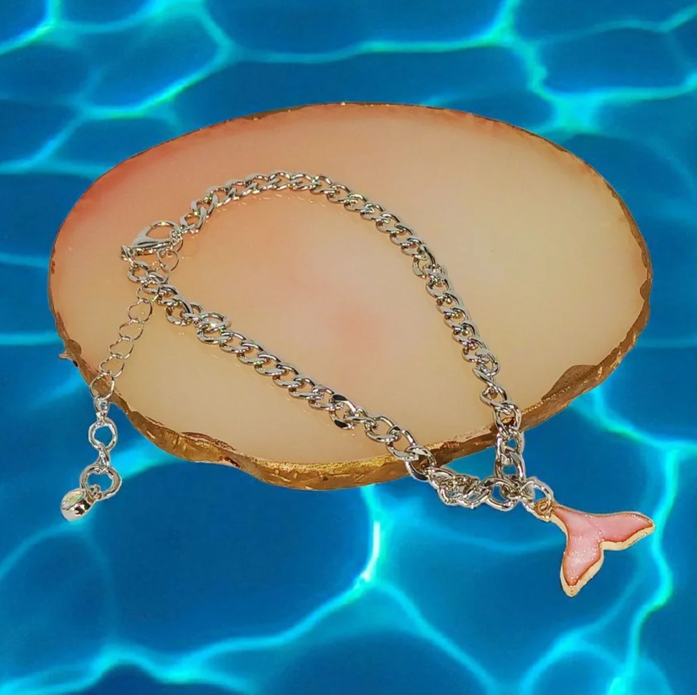 White Gold Ankle Bracelet with Pink Mermaid Tail Preppy Oceancore Seaside Beachy